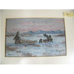 3-1/2" x 5-1/2" original colored drawing by George Ahgupuk on moose skin- minimum bid of $500 (3)