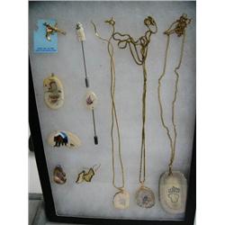 Lot of: 3 ivory necklaces, pair of ivory earrings, 2 ivory pins, silver totem pole charm, 3 ivory pe