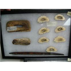 Ulu handle, set of caribou horn buttons, 2 ivory artifacts (74)