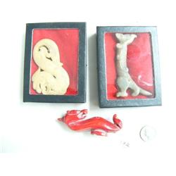 Lot of 3 items: 2 ancient jade figures, red stone dragon (3)