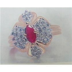 Ruby and Diamond Lady's Ring, 14 K yellow gold- ruby is marquise, faceted, approx. 1.00 carats, tran