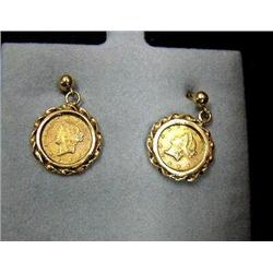 Pair of gold earrings with US one dollar gold pieces dated 1849 (3)