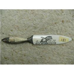 Extremely rare 7" ivory letter opener with fish handle, seal on one side, and on one side of bird an