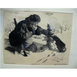 Stone lithograph called "Hiding the Trap" by Fred Machetanz, edition 100, image size 14-1/2" x 18-1/