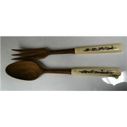 Pair of ivory handled salad fork and spoon scrimshawed by Wilbur Walluk (3)