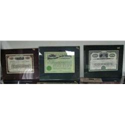 Lot of 3 stock railroad certificates- Baltimore Ohio Railroad, The Syracuse Chenango and New York Ra