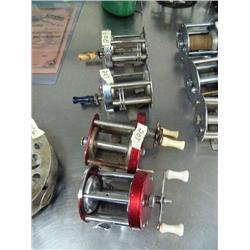 Lot of 4 level wind fishing reels: Bronson Meteor, Hawthorne, True Blue Shakespeare #1956, Manhattan