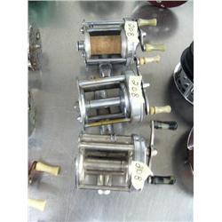 Lot of 3 level wind fishing reels: Bronson Lashless #1700a, Black Hawk, Hibbard #333 (3)