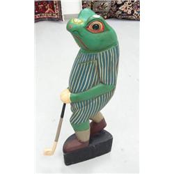 Hand carved wood golfing frog 39" tall