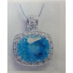 Blue Topaz and Diamond Pendant and Chain, 14 K white gold- blue topaz is cushion shaped, faceted, ap