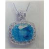 Image 1 : Blue Topaz and Diamond Pendant and Chain, 14 K white gold- blue topaz is cushion shaped, faceted, ap