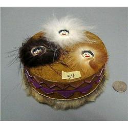 Round jewelry box/needle kit made from beads, animal hide, seal skin, bark, fur- approx. 5-1/2" diam