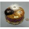 Image 1 : Round jewelry box/needle kit made from beads, animal hide, seal skin, bark, fur- approx. 5-1/2" diam