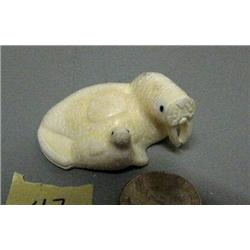 Carved ivory mother and baby walrus with inset baleen eyes by Jamie Oozeva- 2-1/8" and 1" tall