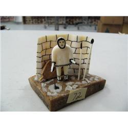 3" man ivory man ice fishing mounted on whale bone by Moses Milligrock from Diomede ca. 1960 (3)