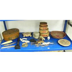 Very interesting lot of: 6 baskets, whale vertebrae, ivory chunk necklace, 11-1/2" cast totem, 5-1/2