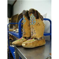 Outstanding pair of 15" moose hide mukluks from the Yukon area- beautiful bead work and in excellent