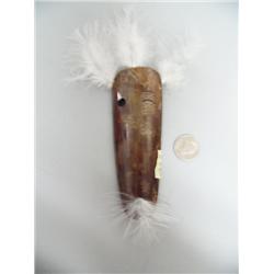 Spirit mask made from fossilized mammoth ivory bark with down feathers- 5-1/2"