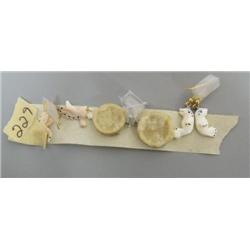 Lot of 3 pairs of earrings made by R. B. Kokuluk- 2 carved ivory: seals, birds; drums made with ivor