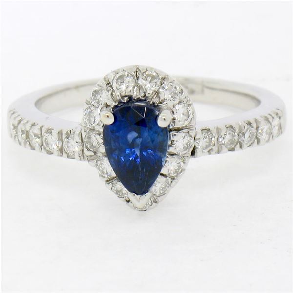 14k White Gold 1.33 ctw FINE Pear Sapphire Solitaire Ring w/ Round Diamond Halo