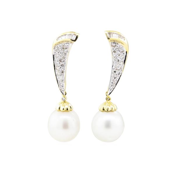 0.61 ctw Diamond and Pearl Earrings - 18KT Yellow Gold