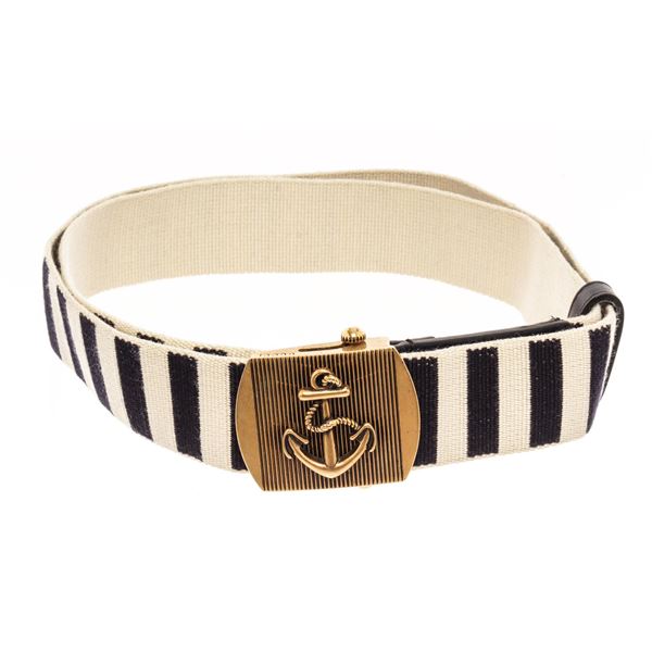 Gucci Mens Navy / White Fabric Brass Anchor Buckle Striped Belt