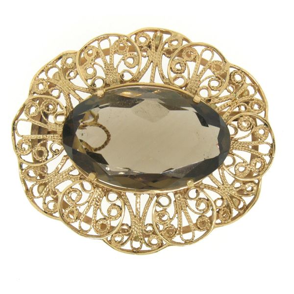 Vintage 14k Yellow Gold LARGE Filigree Open Frame Smokey Topaz Brooch Pendant