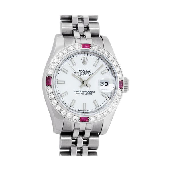 Rolex Ladies New Style Sapphire Quickset White Index White Gold Ruby Diamond Bez