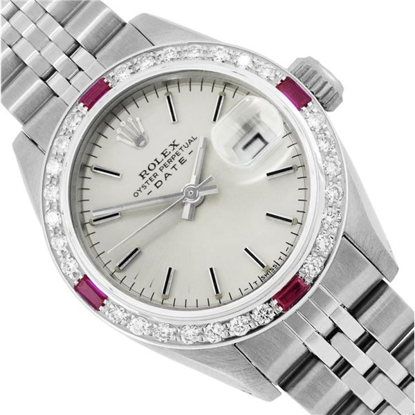 Rolex Ladies Stainless Steel Silver Index Diamond And Ruby Date Watch With Rolex