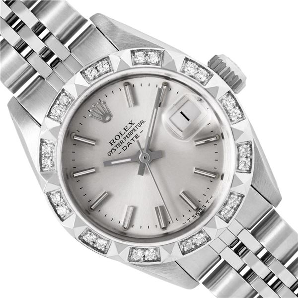 Rolex Ladies Stainless Steel Silver Index Dial 18K White Gold Pyramid Diamond Be