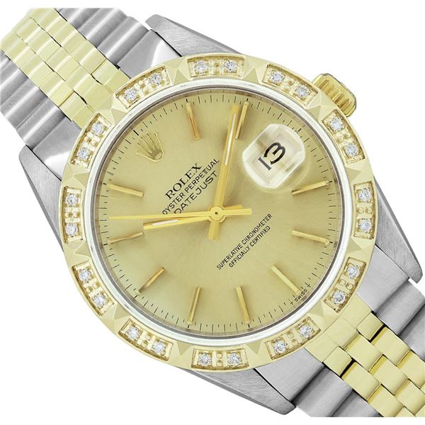 Rolex Mens 36MM 2Tone Yellow Gold And Steel 18K Gold Pyramid Diamond Bezel Datej