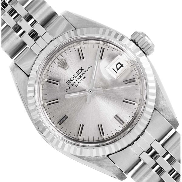 Rolex Ladies Stainless Steel Silver Index White Gold Fluted Bezel Date Watch