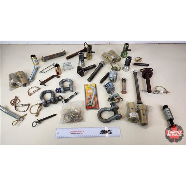 Grouping: Clevises, Pins, Large Bolts, Large Washers, Quicktach Bushings, etc w/Tote (Tote Measures: