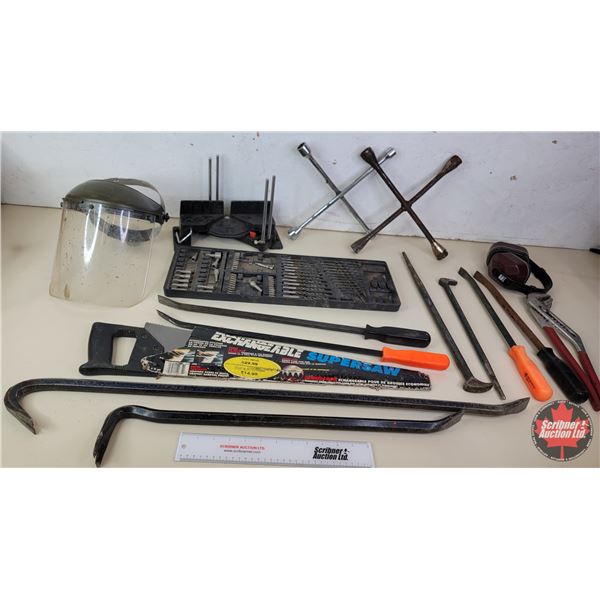 Grouping: Pry Bars, Tire Irons, Face Shield, Earmuffs, Handsaw, etc! (SEE PICS!) Location : Scribner