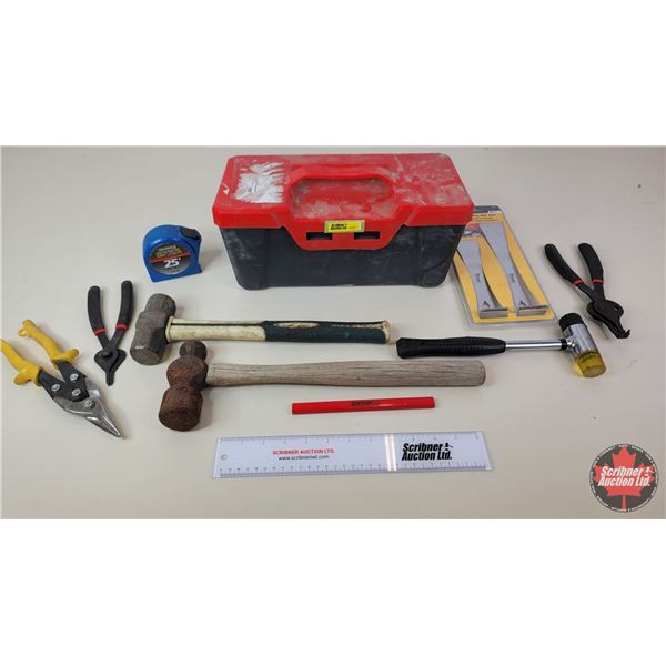 Plastic Toolbox Lot : Prybars, Hammers, Snap Ring Pliers, Tin Snips, Tape Measures, etc (Toolbox Mea