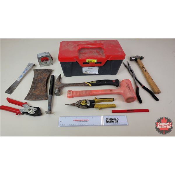 Plastic Toolbox Lot : Dead Blow Hammer, Tin Snips, Needle Nose Pliers, Measuring Tape, Axe Head, etc