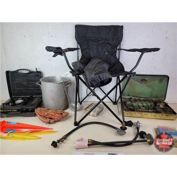 Camp Gear Combo : Lawn Chair, Propane Camp Stove, Butane Stove, Tarp Holders, Tent Pegs, Stainless S