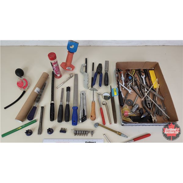 Tool Grouping : Variety of Files, Wrenches, Bits, Anti-Freeze Tester, Air Chuck, Chisels & Punches,