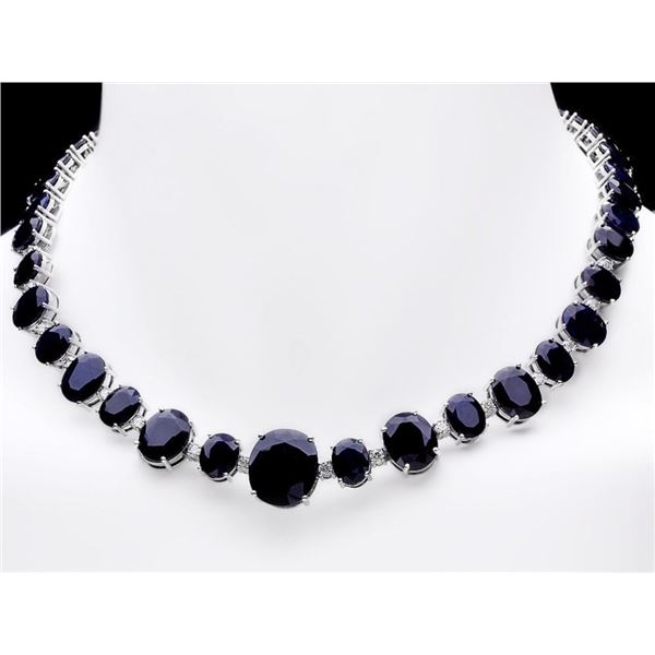 14k Gold Necklace 170.00ct Sapphires & 2.00ct Diam