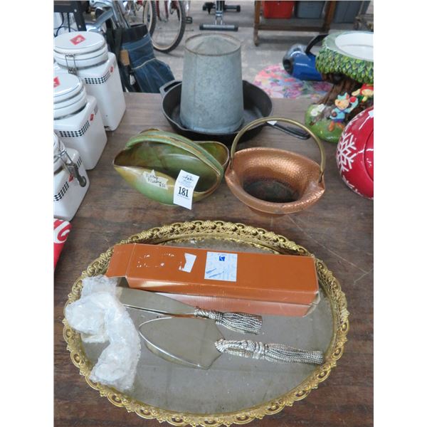 Mirrored Tray, Silverplated Servers, Copper Bucket, Cast Iron Skillet