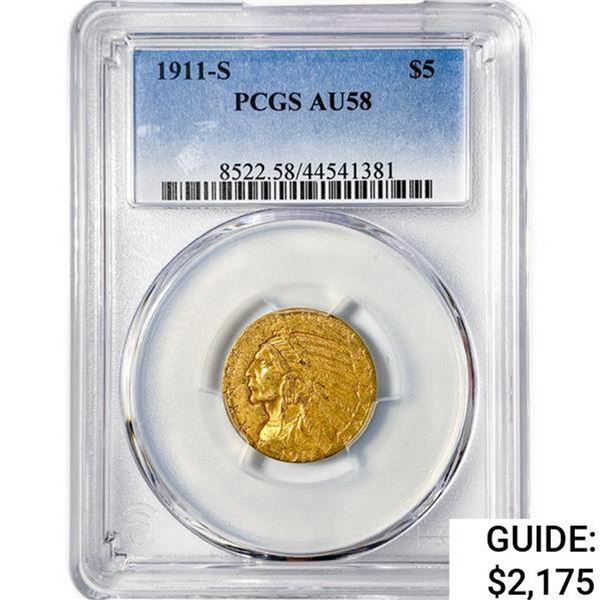 1911-S $5 Gold Half Eagle PCGS AU58