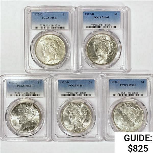 1922-D Set [5] Silver Peace Dollar PCGS MS61