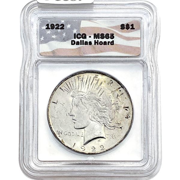 1922 Silver Peace Dollar ICG MS65 Dallas Hoard