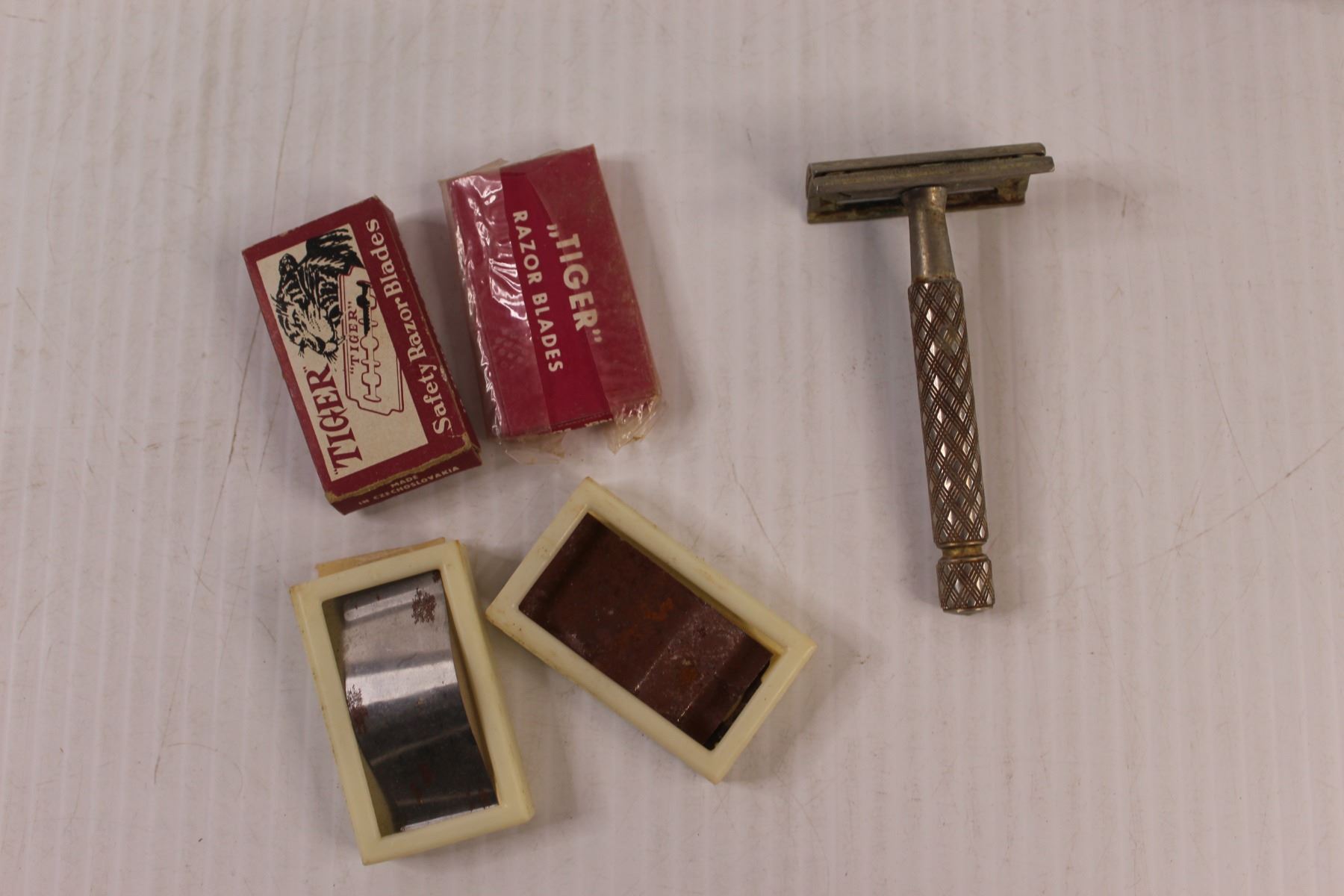 (8) Misc. Items (straight razor, blades, lemon juicer dish, etc