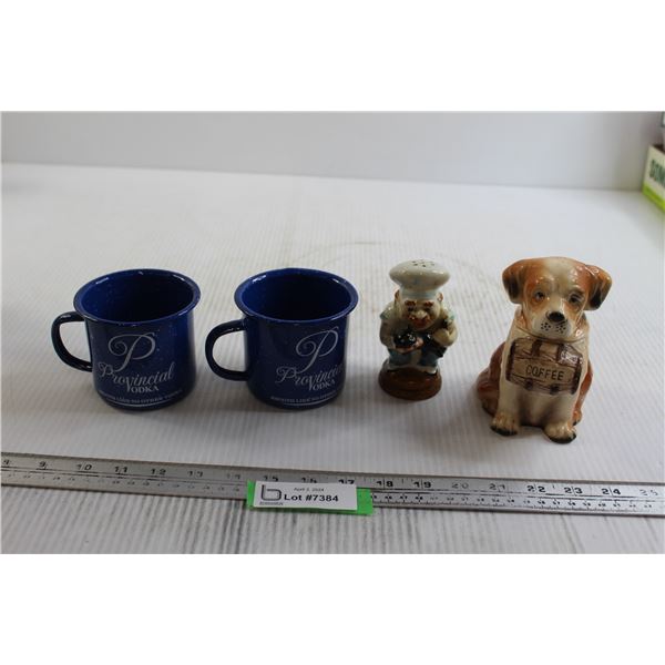 (2) Vodka Mugs, Cat and Chef Shaker, Puppy Coffee Ground Holder