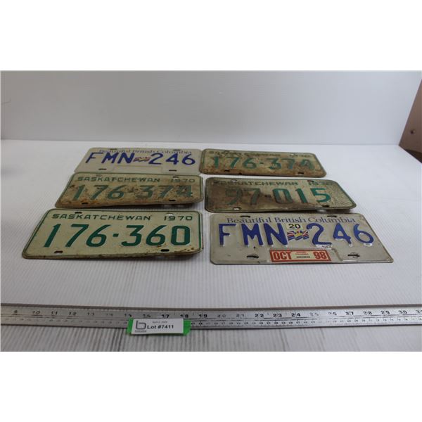 (2) British Columbia License Plates, (4) Saskatchewan License Plates