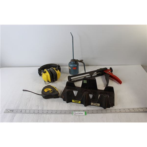 Miter Box, Caulking Gun, Tape Measure, Oil Can, Headphones