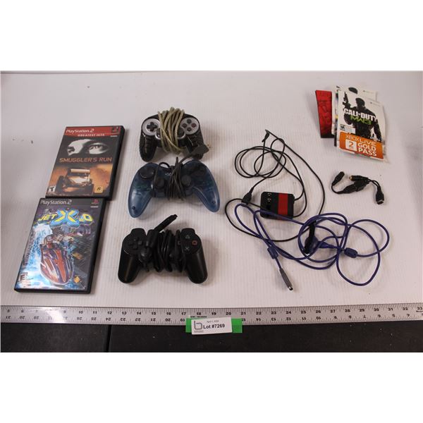 (2) PS2 controllers, (1) PC controller, (2) PS2 games, (3) misc. chargers