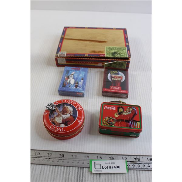 Tabacalera Box, Coca-Cola Playing Cards, Mini Lunchkit, and Tin of Coal