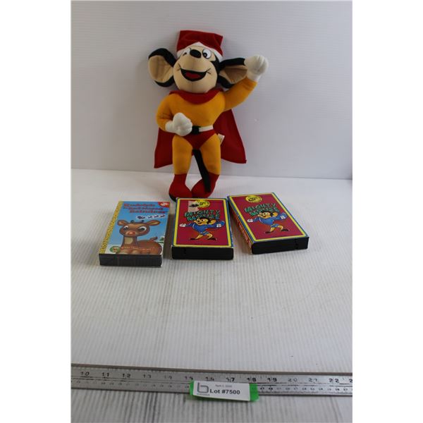 (2) Mighty Mouse VHS Tapes and Plush, Rudolph the Red-Nosed Reindeer VHS Tape - Sealed